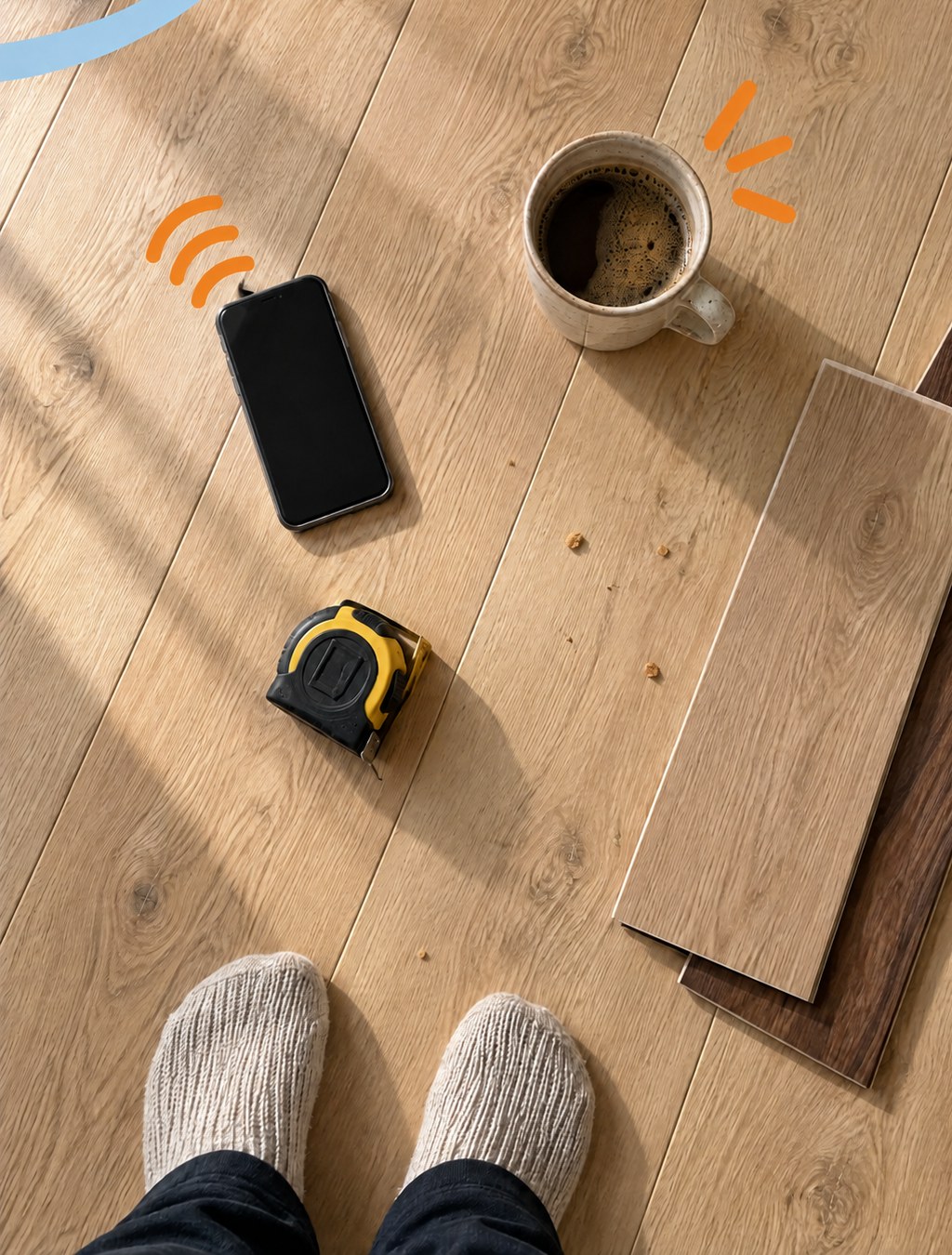 A phone, a coffee and a tape measure on a Floorious floor