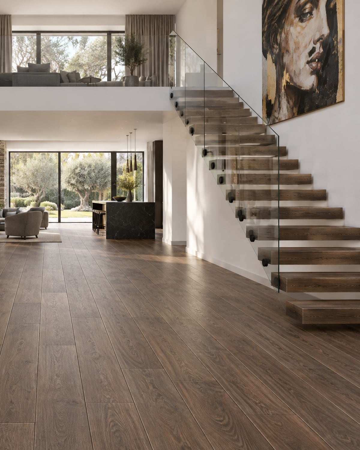 Floorious Matte XXL dark walnut floor in a double-height living room with a floating staircase and garden view