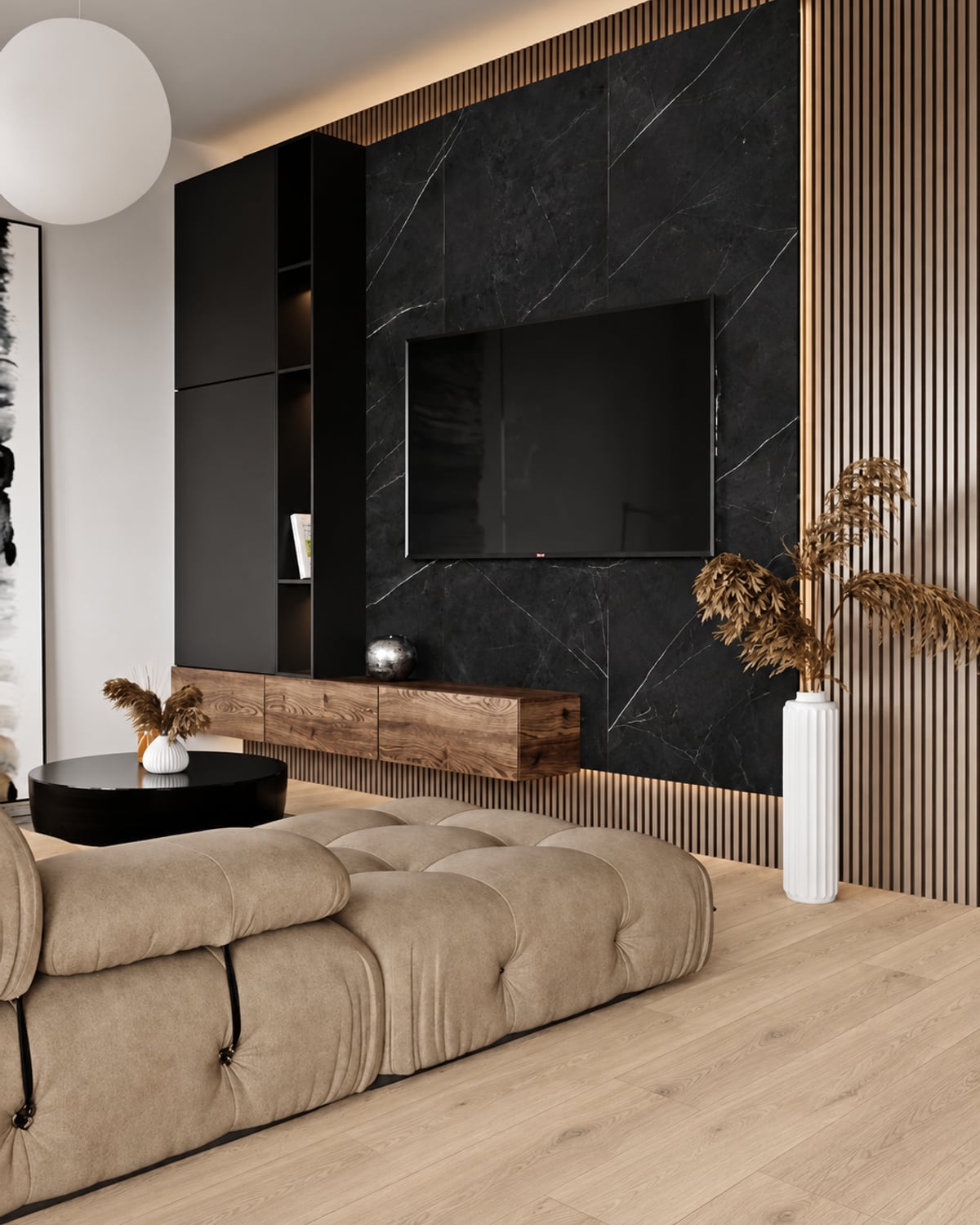 Floorious Midnight Black Marble wall panels on a living-room feature wall behind a TV, framed by timber slats