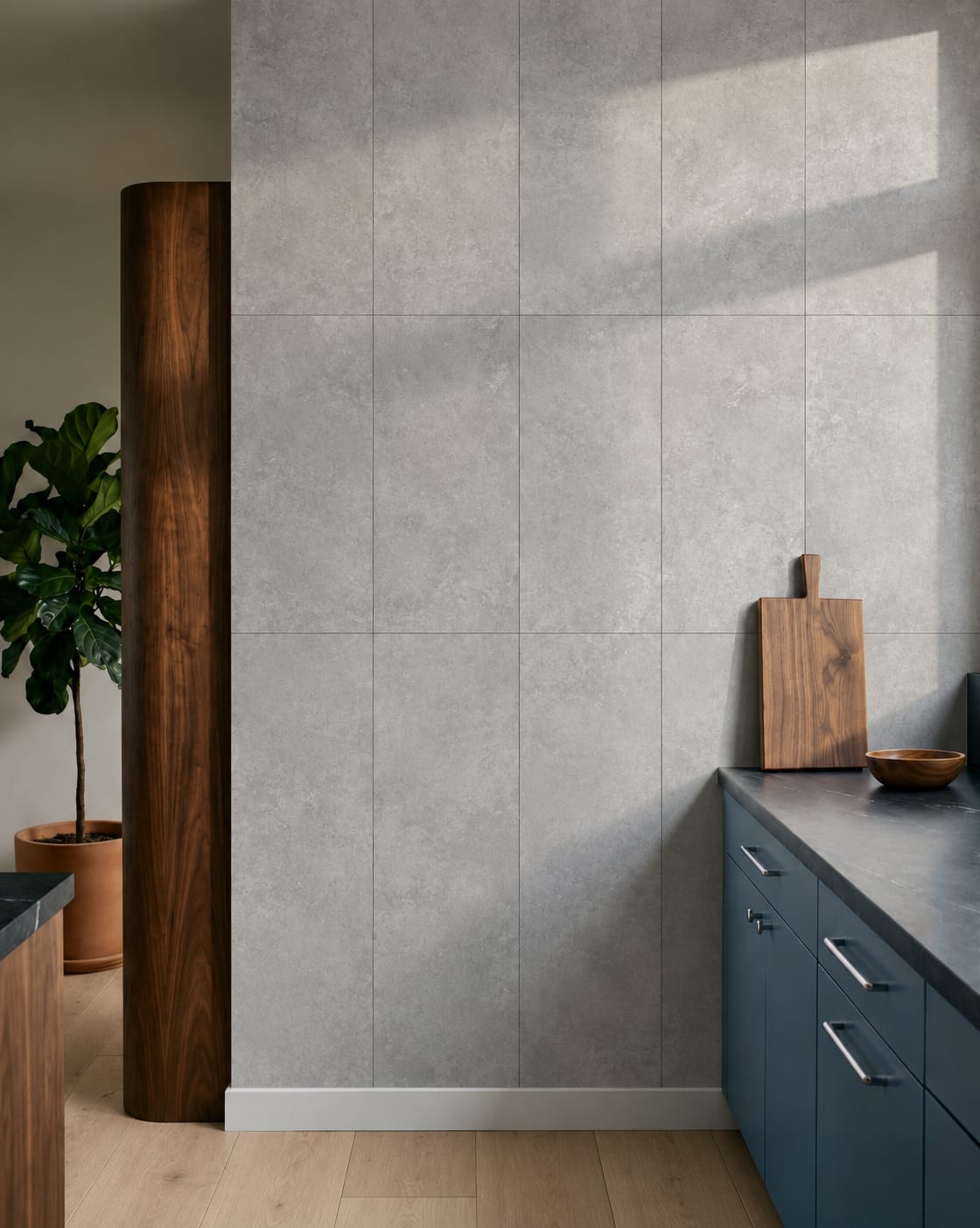 Raw Concrete Floorious Walls · Tiles wall panels installed in a room