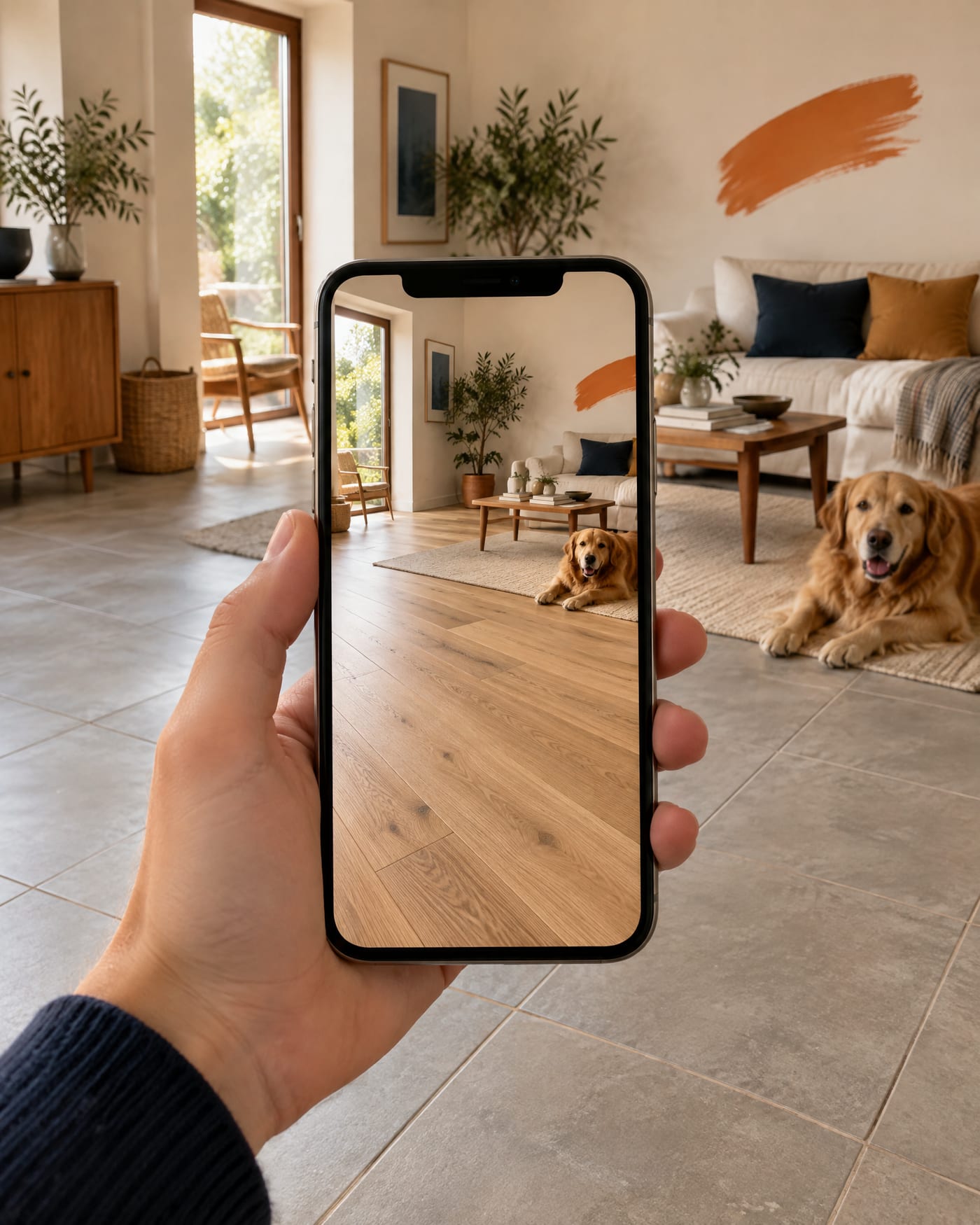 A phone showing a room with a Floorious floor applied