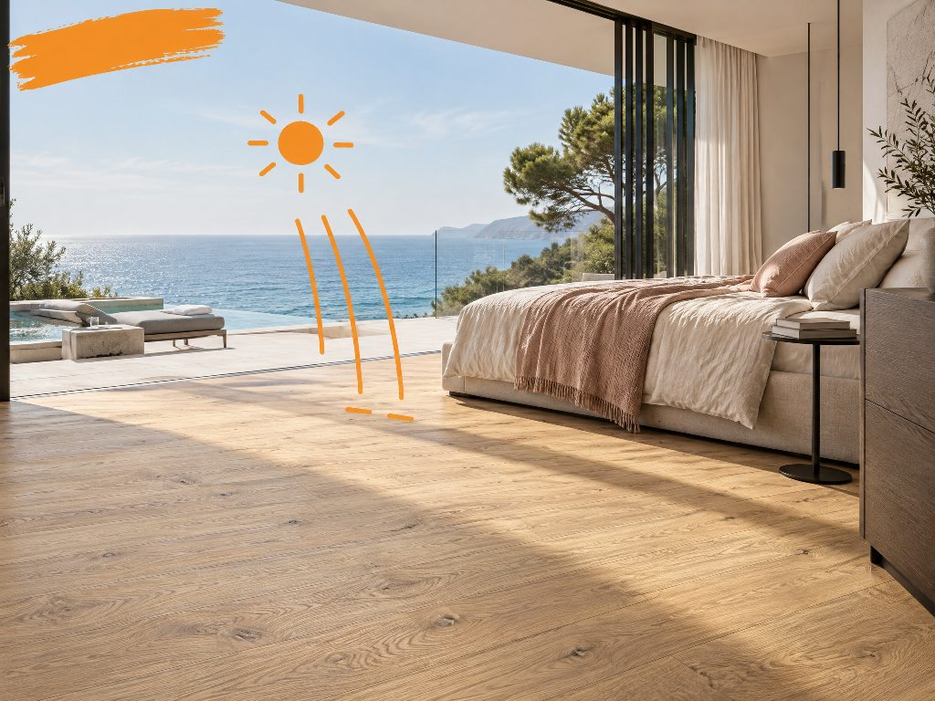 Sunlight falling across a Floorious floor by a large window