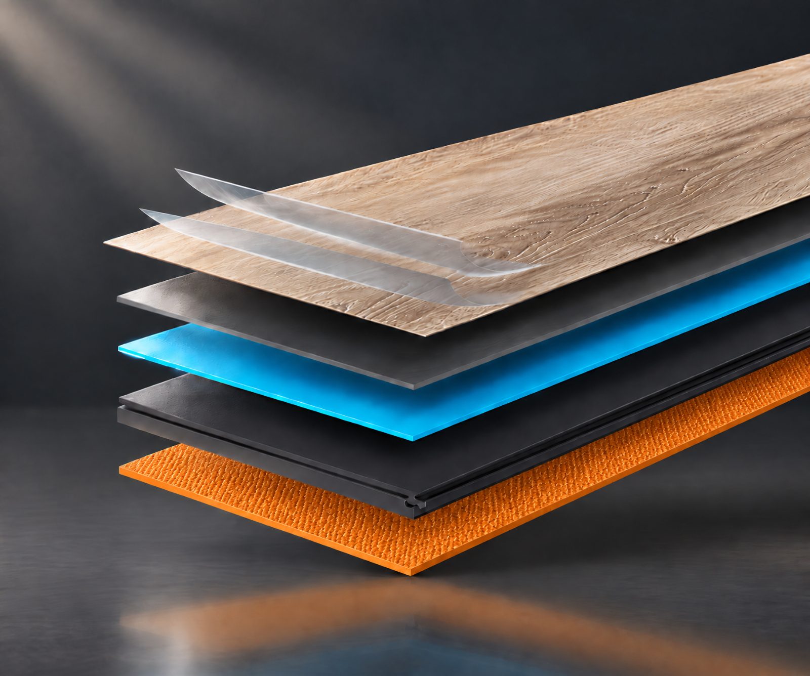 Cutaway of the Floorious Hush plank showing its acoustic layers
